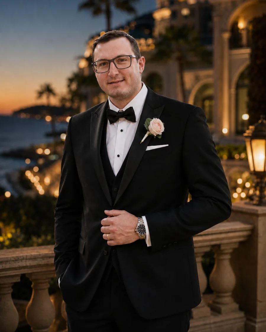 Adam at a fine-dining dinner